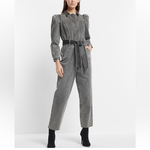 Express Puff Sleeve Toe Waist Gray Wash Denim Jumpsuit, Size 0 - Picture 1 of 9
